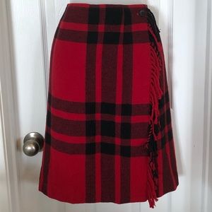 Talbots Petites Red Black Plaid Wrap Skirt Fringe